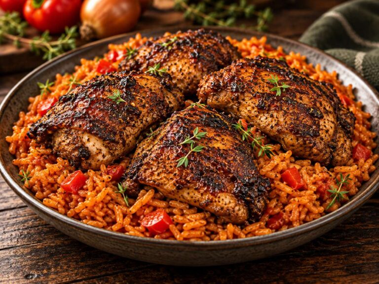 Jerk chicken served over tomato-rich jollof rice