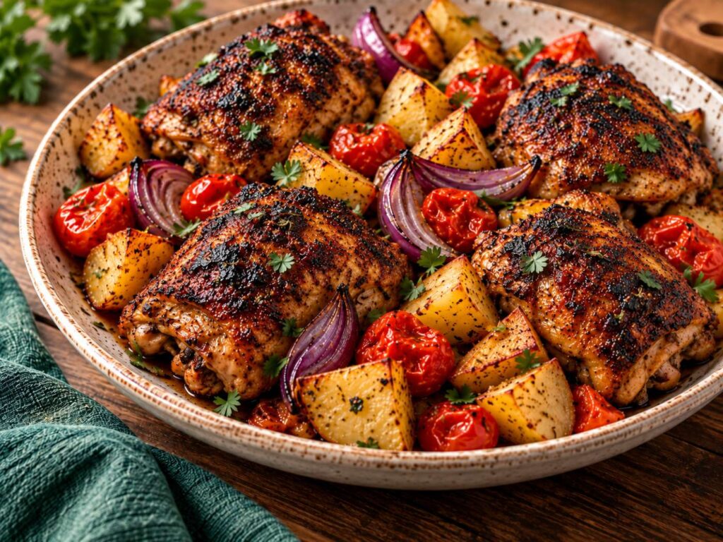 Jerk chicken thighs with roasted potatoes, tomatoes and red onion