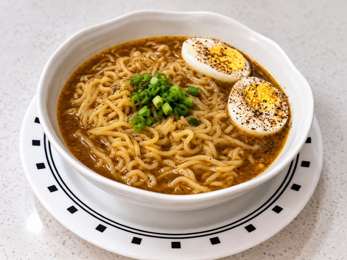 Caribbean jerk ramen made with BackYard Blendz Mild Jerk Seasoning and boiled egg