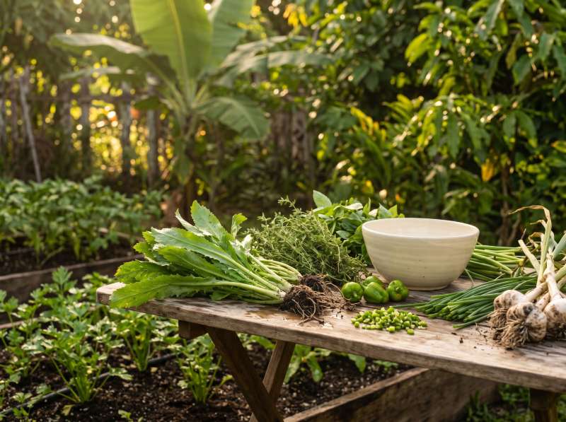 A traditional Caribbean backyard garden with fresh herbs