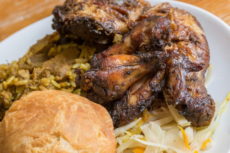 Jerk chicken, curry goat and fried dumpling