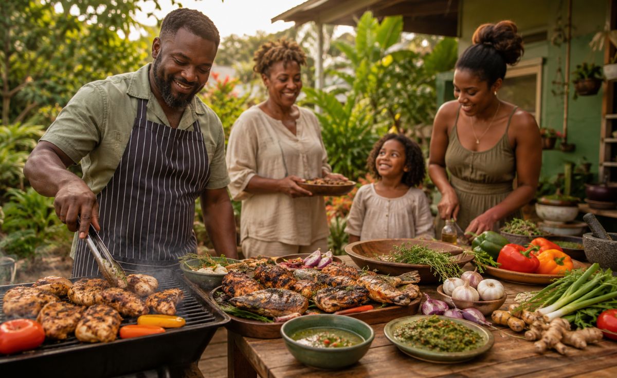 Family enjoying bbq and jerk at a caribbean home