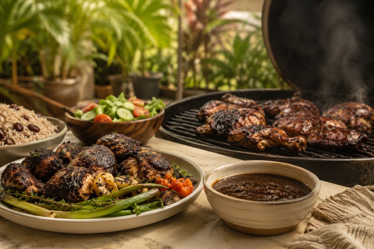 Jerk chicken on grill made fresh with backyard blendz