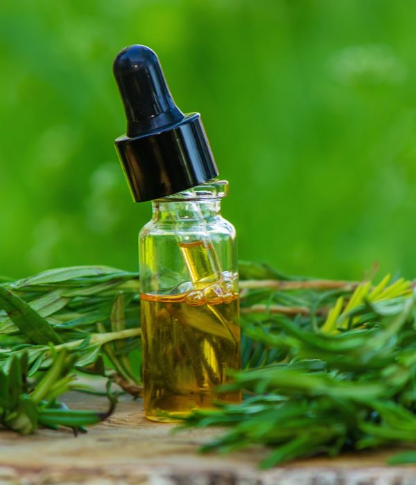 A bottle of rosemary oil on a tree stump. Essential oil, natural remedies.