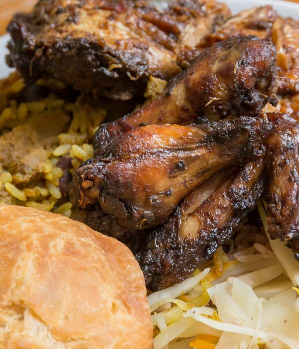 Jerk chicken, curry goat and fried dumpling